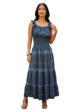 Lapis Smocked Tiered Maxi Dress in Denim Blue size S